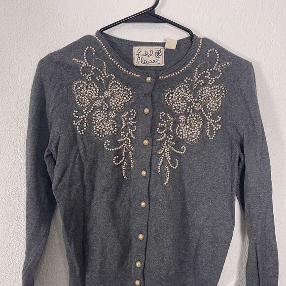 Field of Flower | Anthropologie Grey Jeweled & Pearl Beaded Cardigan Sweater - Picture 3 of 7